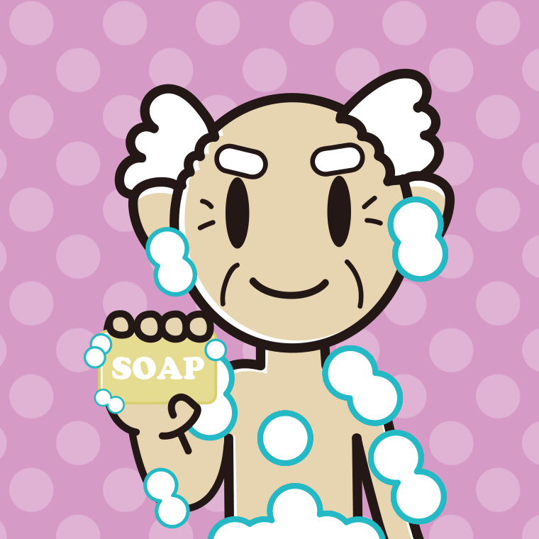 お風呂で石鹸を使うおじいさんのイラスト【色、背景あり】PNG