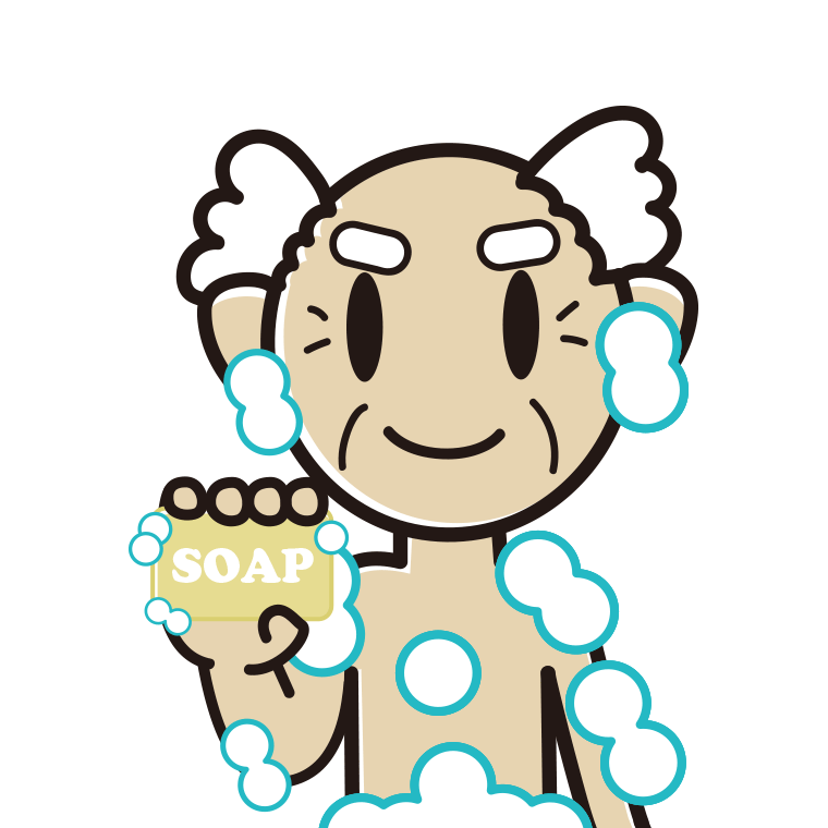 お風呂で石鹸を使うおじいさんのイラスト【色あり、背景なし】透過PNG