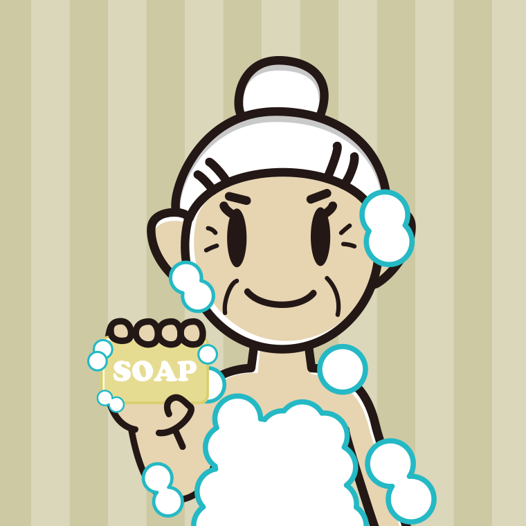 お風呂で石鹸を使うおばあさんのイラスト【色、背景あり】PNG