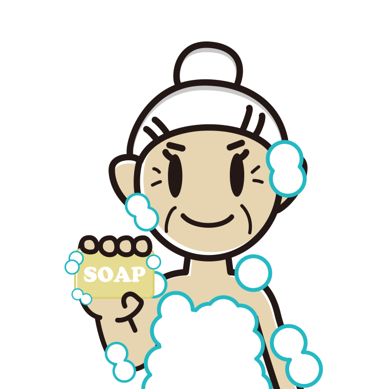 お風呂で石鹸を使うおばあさんのイラスト【色あり、背景なし】透過PNG
