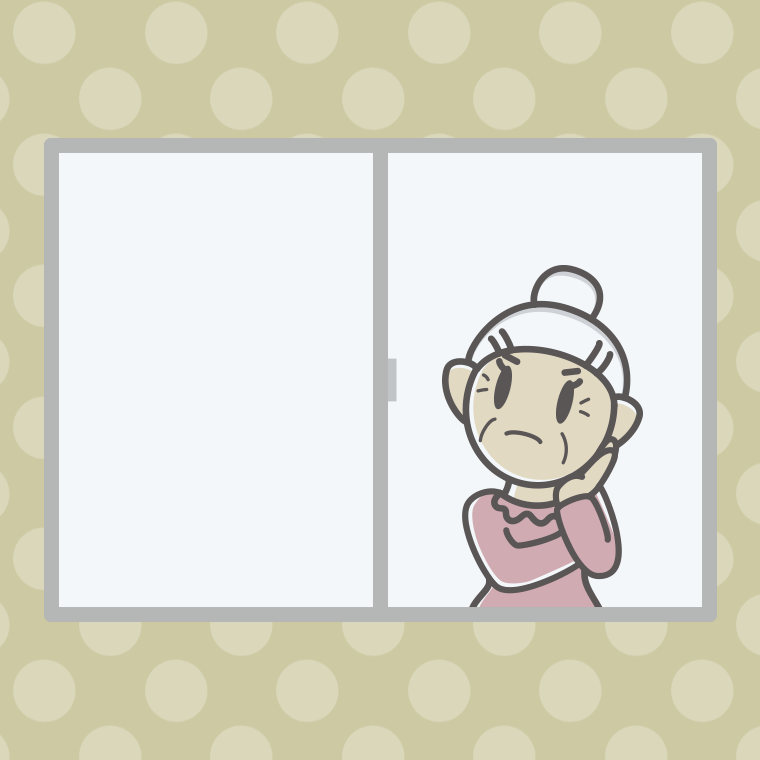 窓で考えるおばあさんのイラスト【色、背景あり】PNG