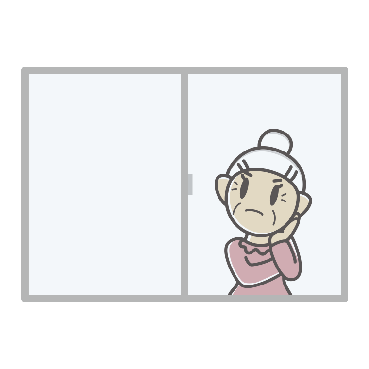 窓で考えるおばあさんのイラスト【色あり、背景なし】透過PNG