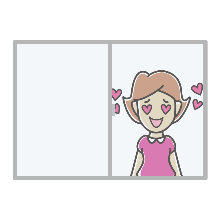 窓で目がハートの女性のイラスト【色あり、背景なし】透過PNG