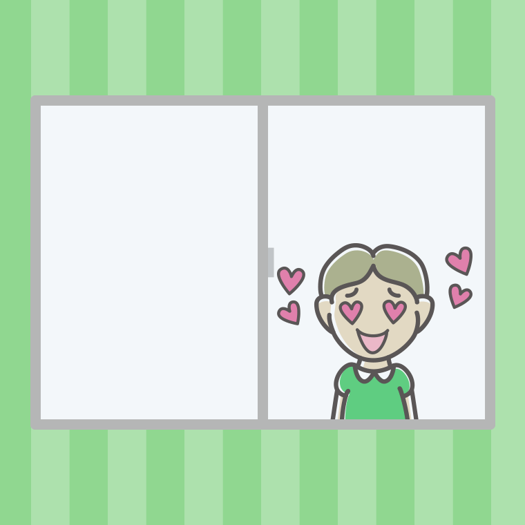 窓で目がハートの小学生男子のイラスト【色、背景あり】PNG