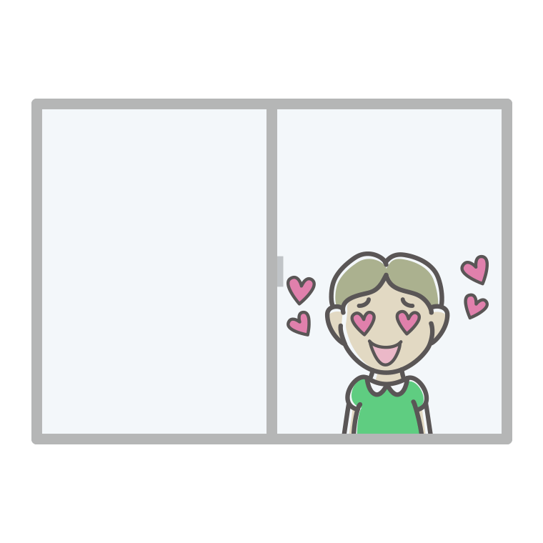 窓で目がハートの小学生男子のイラスト【色あり、背景なし】透過PNG