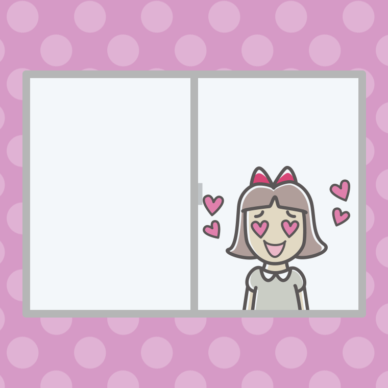 窓で目がハートの小学生女子のイラスト【色、背景あり】PNG