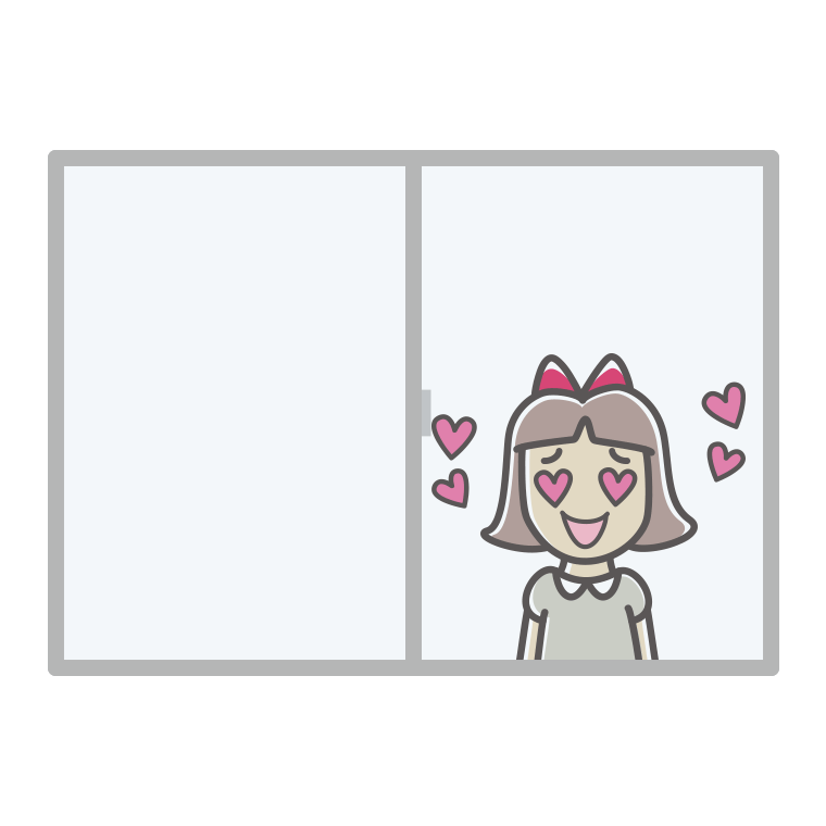 窓で目がハートの小学生女子のイラスト【色あり、背景なし】透過PNG