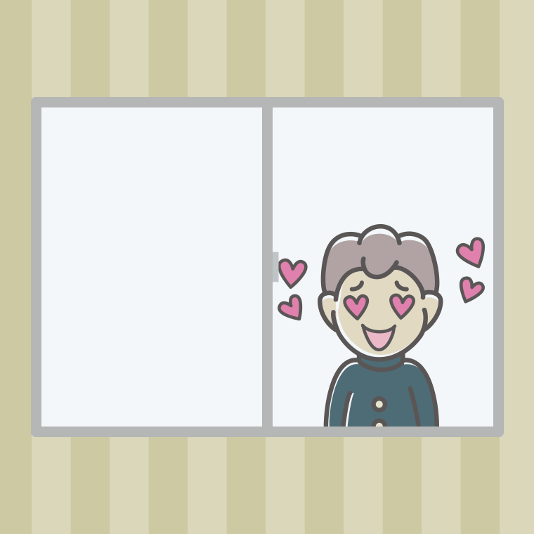 窓で目がハートの男子中学生のイラスト【色、背景あり】PNG