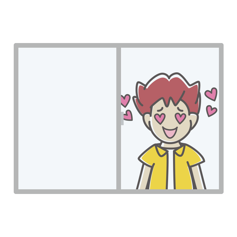 窓で目がハートの男子大学生のイラスト【色あり、背景なし】透過PNG