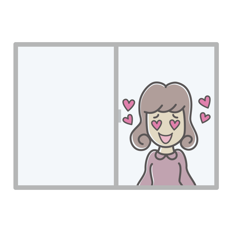 窓で目がハートの女子大学生のイラスト【色あり、背景なし】透過PNG