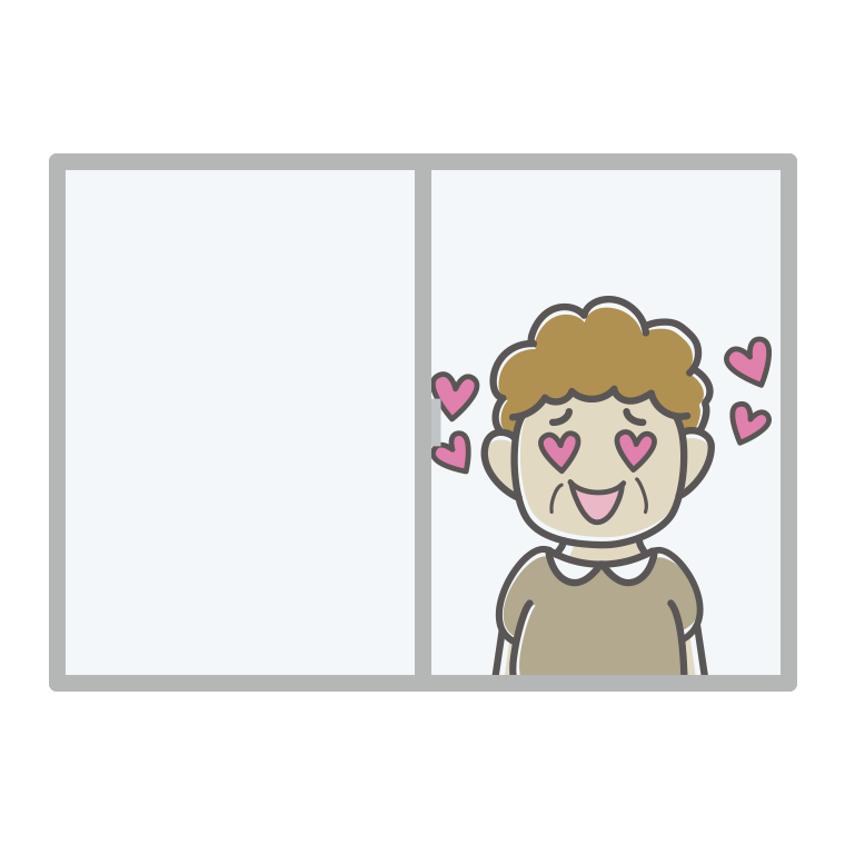 窓で目がハートのおばさんのイラスト【色あり、背景なし】透過PNG