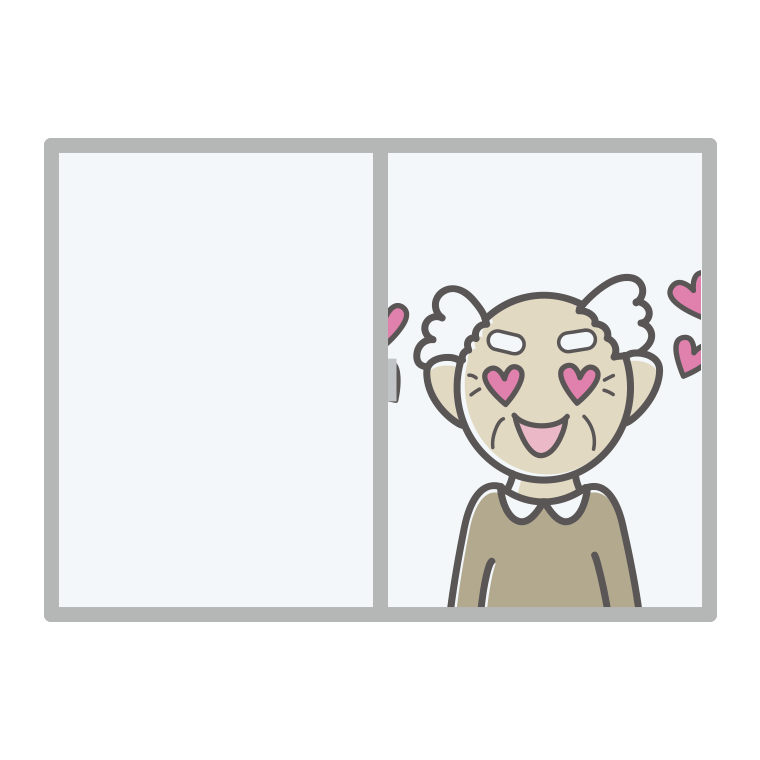 窓で目がハートのおじいさんのイラスト【色あり、背景なし】透過PNG