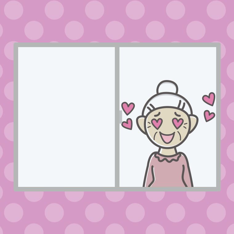 窓で目がハートのおばあさんのイラスト【色、背景あり】PNG