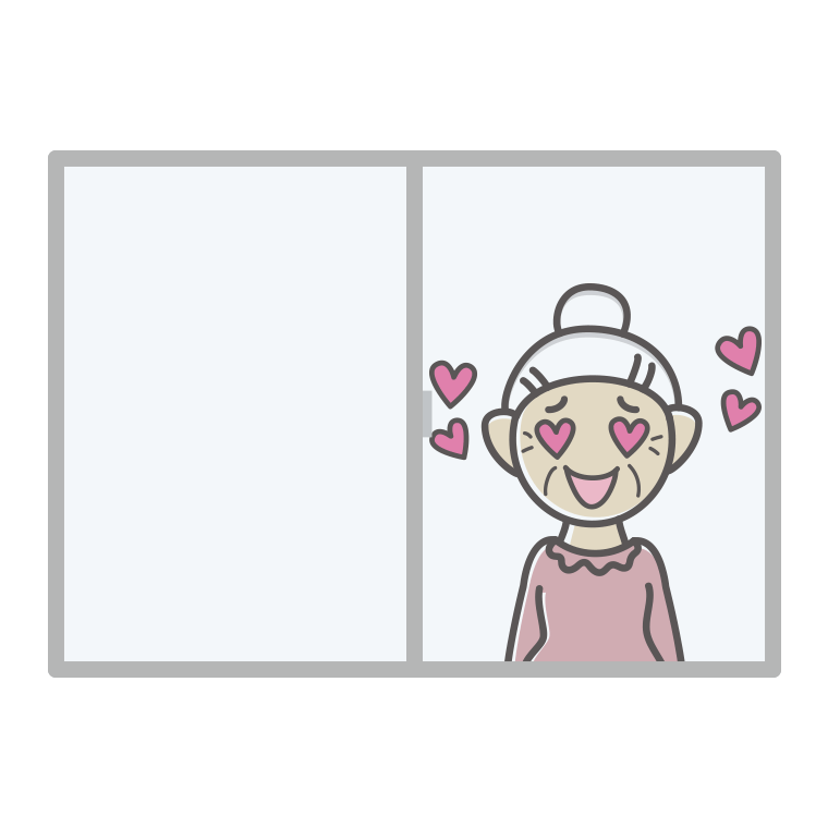 窓で目がハートのおばあさんのイラスト【色あり、背景なし】透過PNG