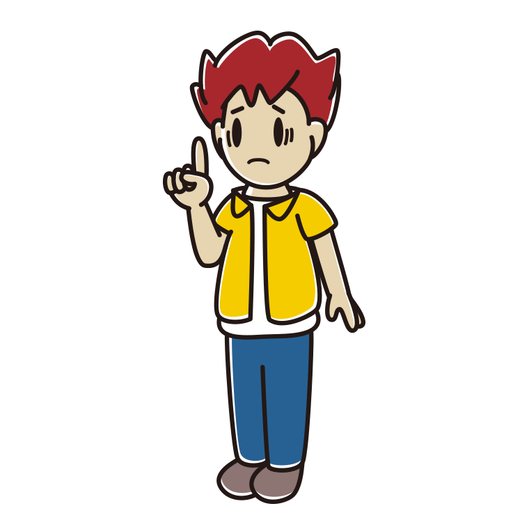 人差し指を立てて困る男子大学生のイラスト【色あり、背景なし】透過PNG