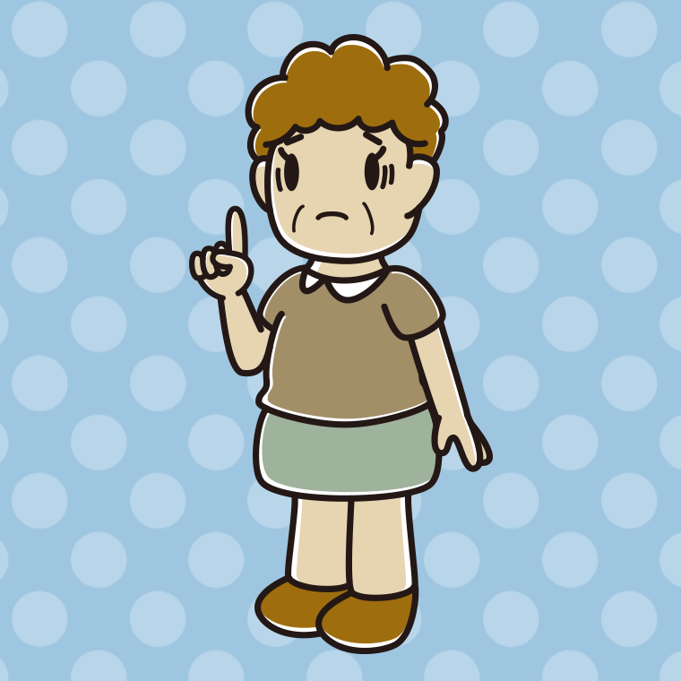 人差し指を立てて困るおばさんのイラスト【色、背景あり】PNG
