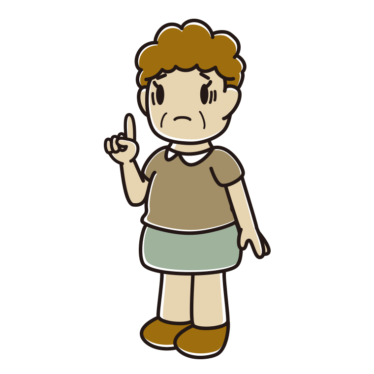 人差し指を立てて困るおばさんのイラスト【色あり、背景なし】透過PNG