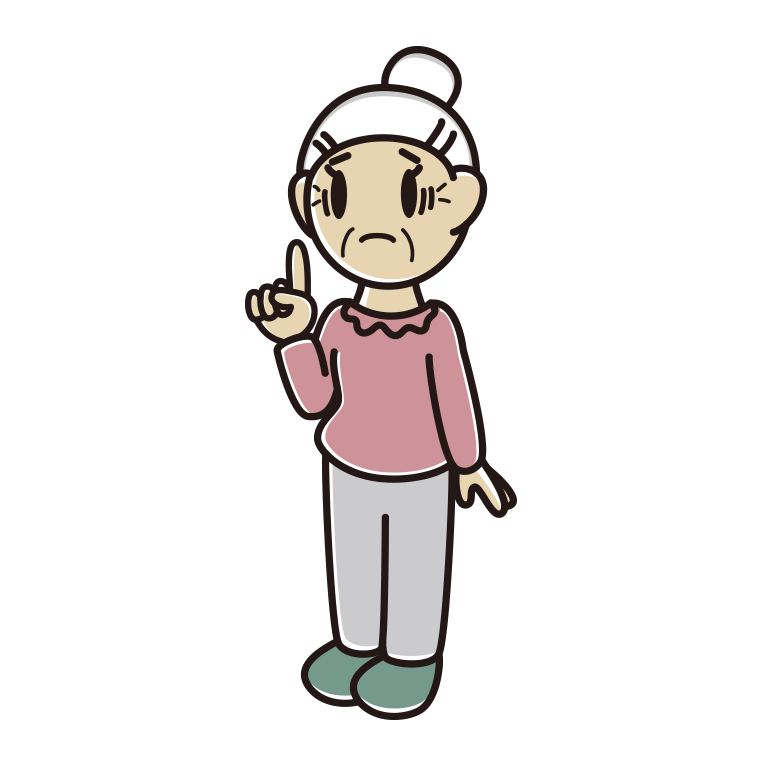 人差し指を立てて困るおばあさんのイラスト【色あり、背景なし】透過PNG