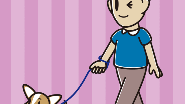 犬の散歩でウインクする男性のイラスト【色、背景あり】PNG