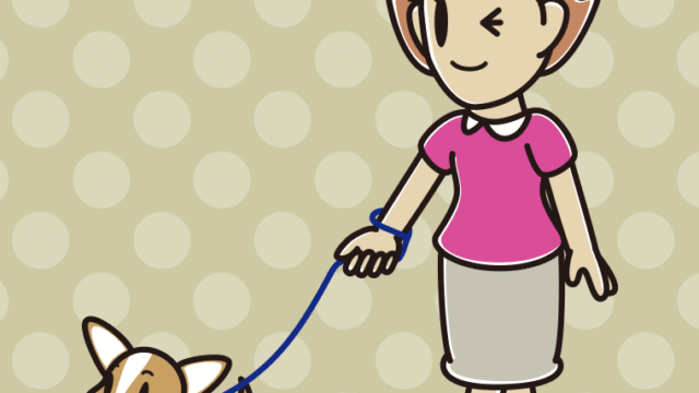 犬の散歩でウインクする女性のイラスト【色、背景あり】PNG
