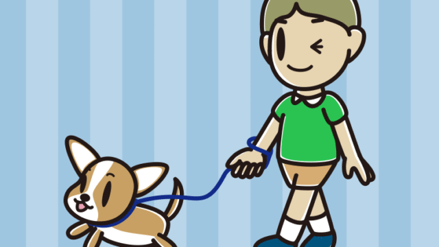 犬の散歩でウインクする小学生男子のイラスト【色、背景あり】PNG