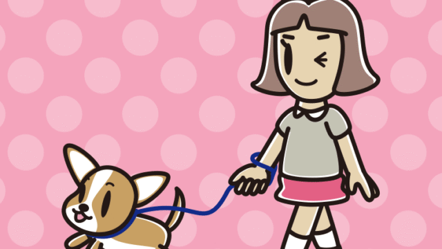 犬の散歩でウインクする小学生女子のイラスト【色、背景あり】PNG