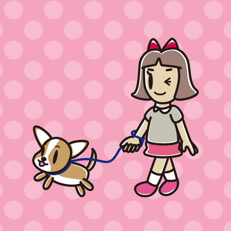 犬の散歩でウインクする小学生女子のイラスト【色、背景あり】PNG