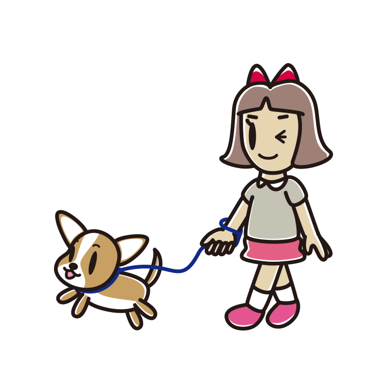 犬の散歩でウインクする小学生女子のイラスト【色あり、背景なし】透過PNG