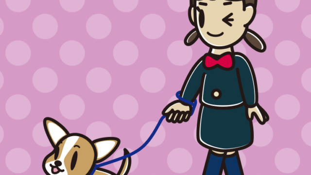 犬の散歩でウインクする女子中学生のイラスト【色、背景あり】PNG