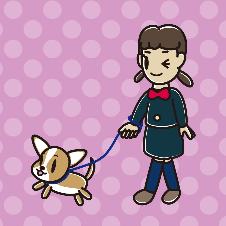 犬の散歩でウインクする女子中学生のイラスト【色、背景あり】PNG