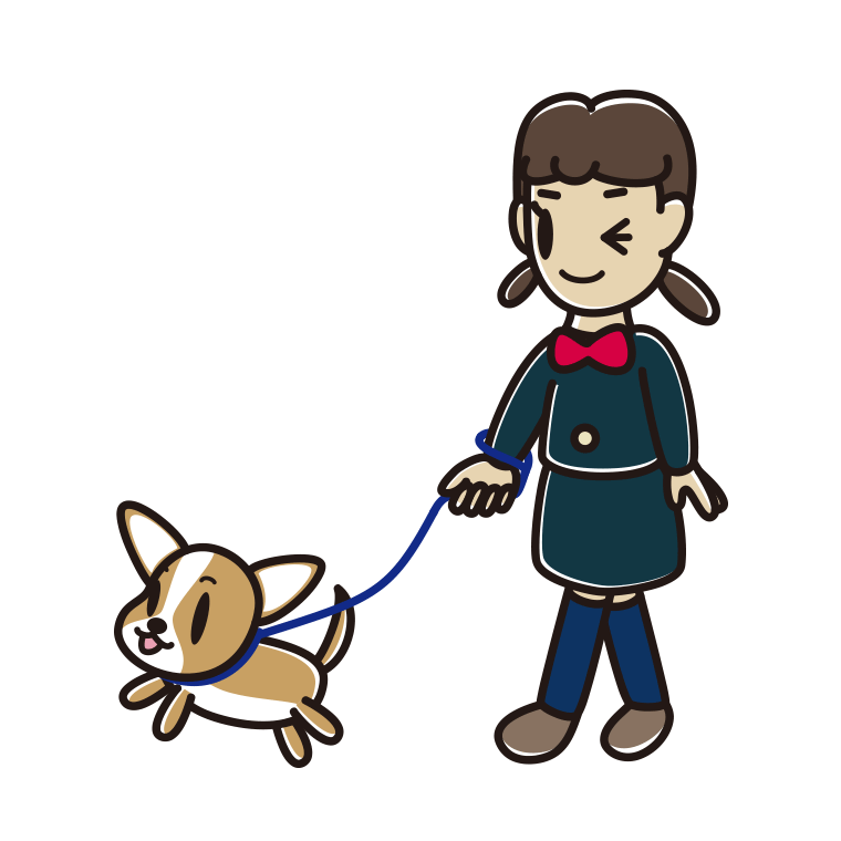 犬の散歩でウインクする女子中学生のイラスト【色あり、背景なし】透過PNG