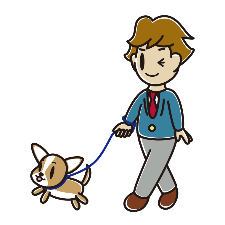 犬の散歩でウインクする男子高校生のイラスト【色あり、背景なし】透過PNG