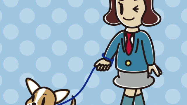 犬の散歩でウインクする女子高校生のイラスト【色、背景あり】PNG