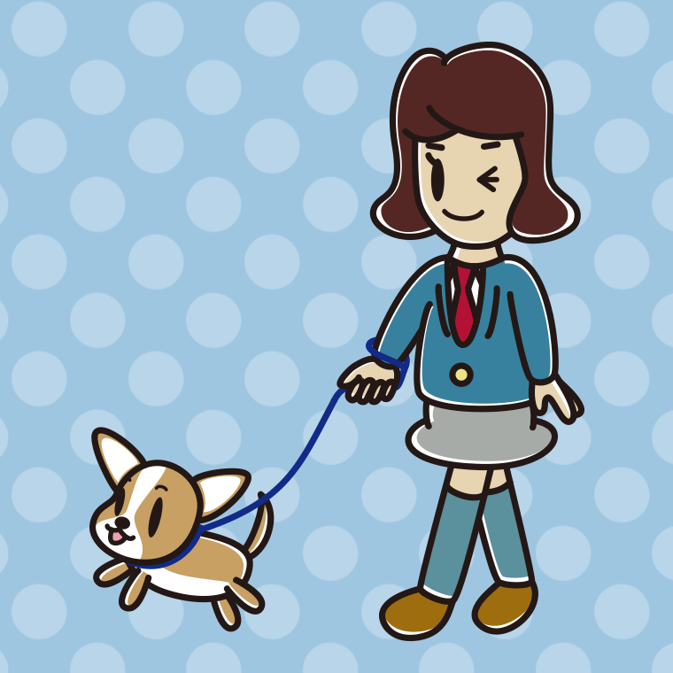 犬の散歩でウインクする女子高校生のイラスト【色、背景あり】PNG