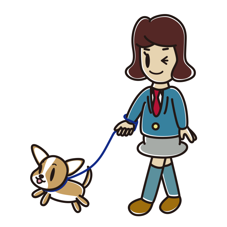 犬の散歩でウインクする女子高校生のイラスト【色あり、背景なし】透過PNG