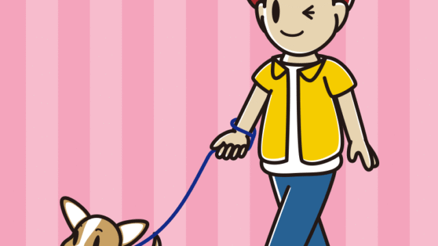 犬の散歩でウインクする男子大学生のイラスト【色、背景あり】PNG