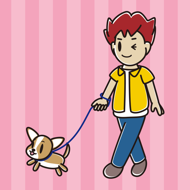 犬の散歩でウインクする男子大学生のイラスト【色、背景あり】PNG