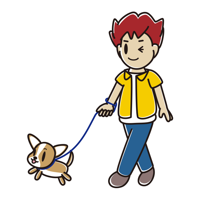 犬の散歩でウインクする男子大学生のイラスト【色あり、背景なし】透過PNG