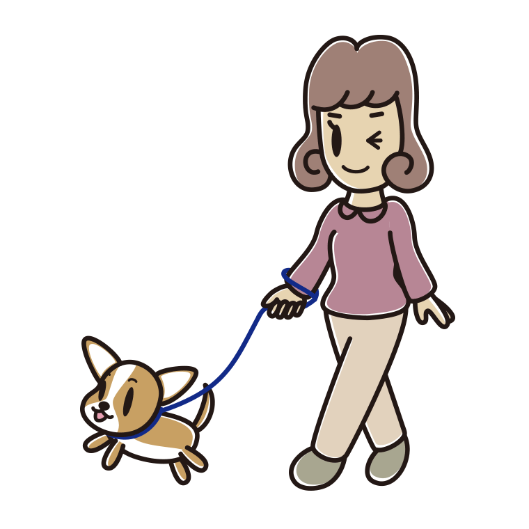犬の散歩でウインクする女子大学生のイラスト【色あり、背景なし】透過PNG