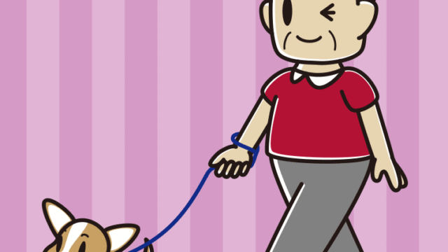 犬の散歩でウインクするおじさんのイラスト【色、背景あり】PNG