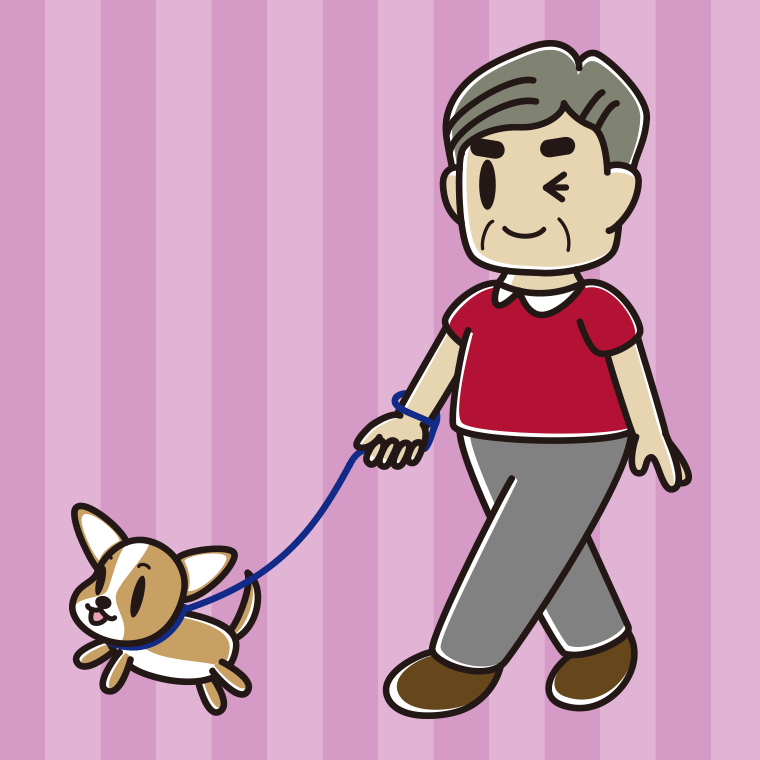 犬の散歩でウインクするおじさんのイラスト【色、背景あり】PNG