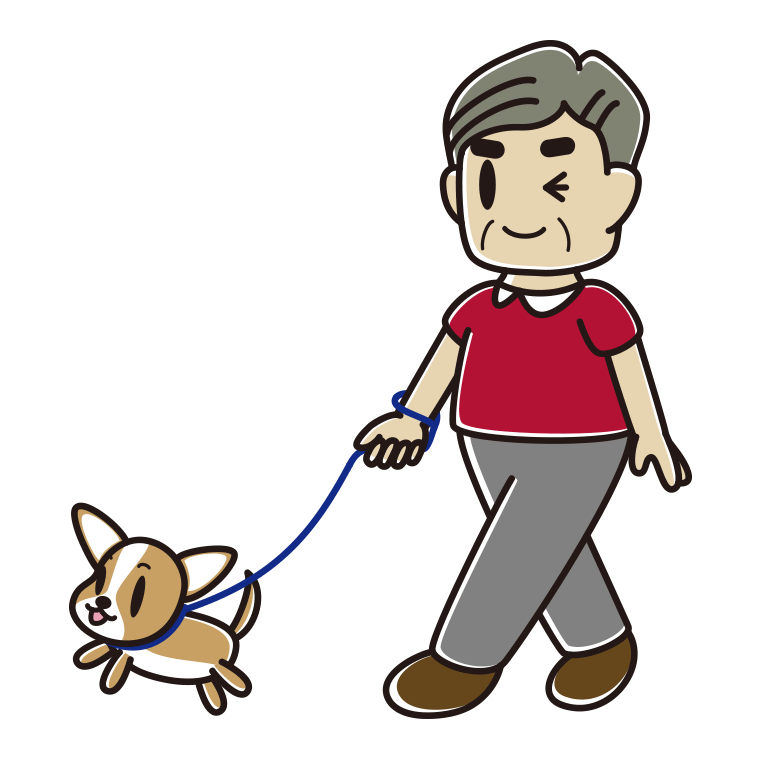 犬の散歩でウインクするおじさんのイラスト【色あり、背景なし】透過PNG