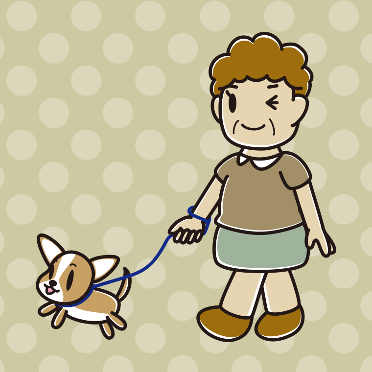 犬の散歩でウインクするおばさんのイラスト【色、背景あり】PNG