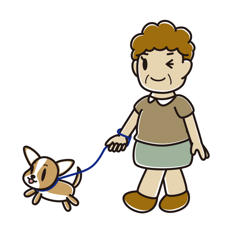 犬の散歩でウインクするおばさんのイラスト【色あり、背景なし】透過PNG