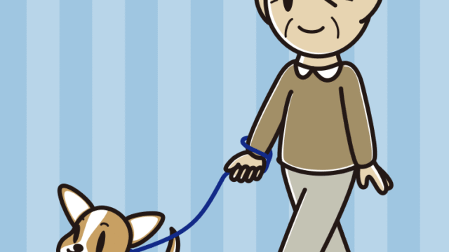 犬の散歩でウインクするおじいさんのイラスト【色、背景あり】PNG