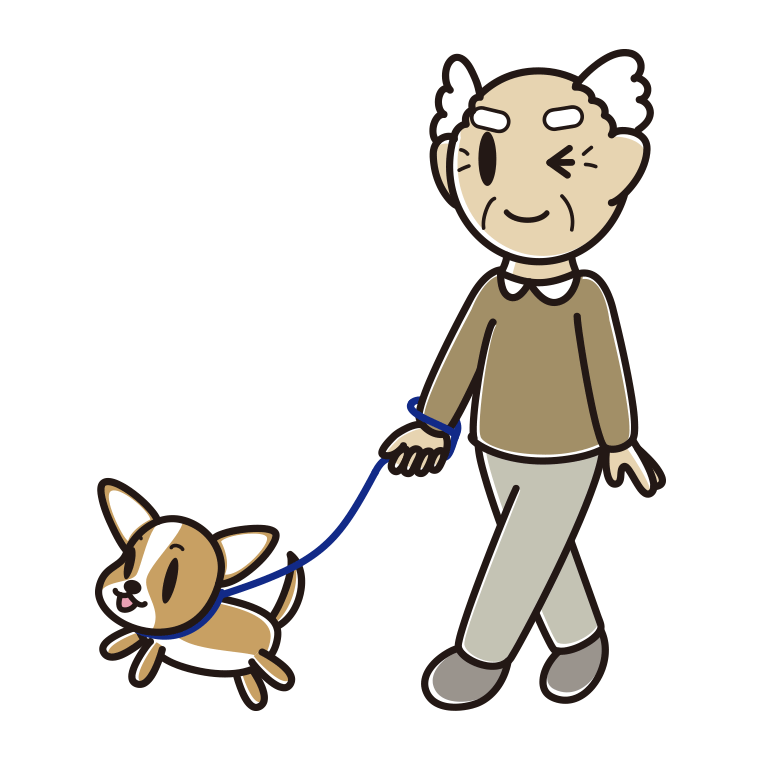 犬の散歩でウインクするおじいさんのイラスト【色あり、背景なし】透過PNG