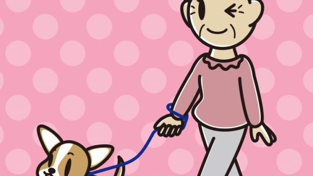 犬の散歩でウインクするおばあさんのイラスト【色、背景あり】PNG