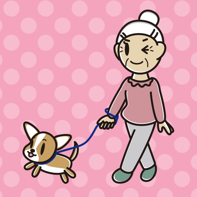 犬の散歩でウインクするおばあさんのイラスト【色、背景あり】PNG