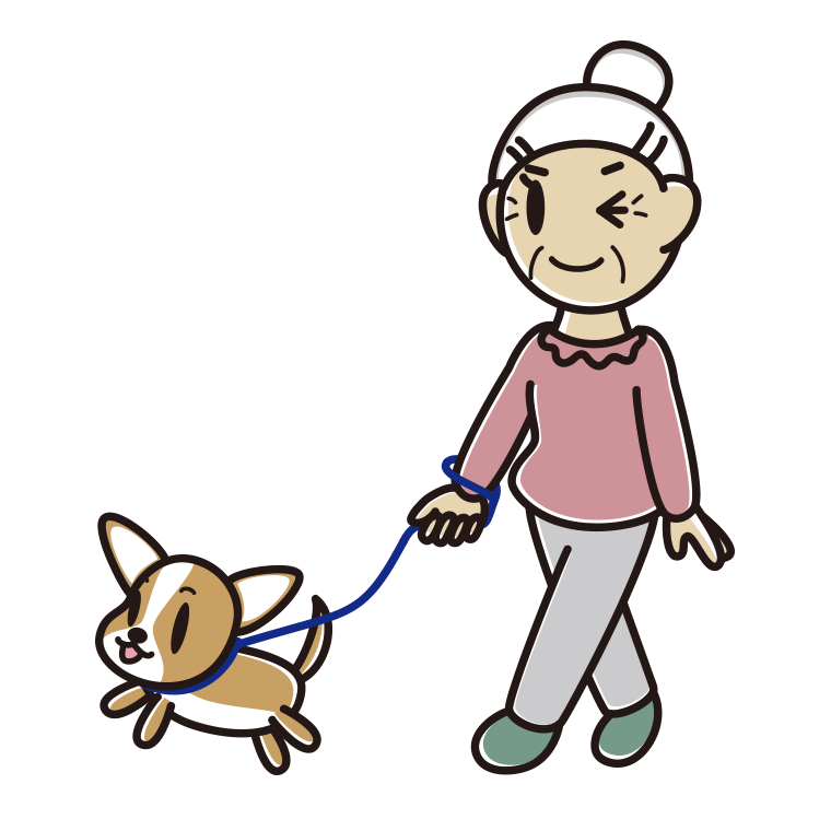 犬の散歩でウインクするおばあさんのイラスト【色あり、背景なし】透過PNG