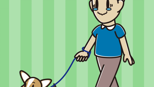 犬の散歩でジーンとする男性のイラスト【色、背景あり】PNG